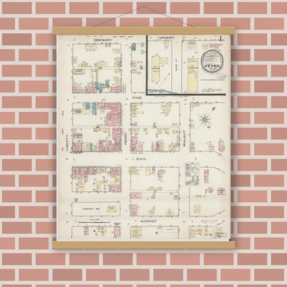 Old map wall art mockup — magnetic wood frame on brick wall — Sanborn Fire Insurance Map from Vevay, Switzerland County, Indiana (1886), Sheet #0001