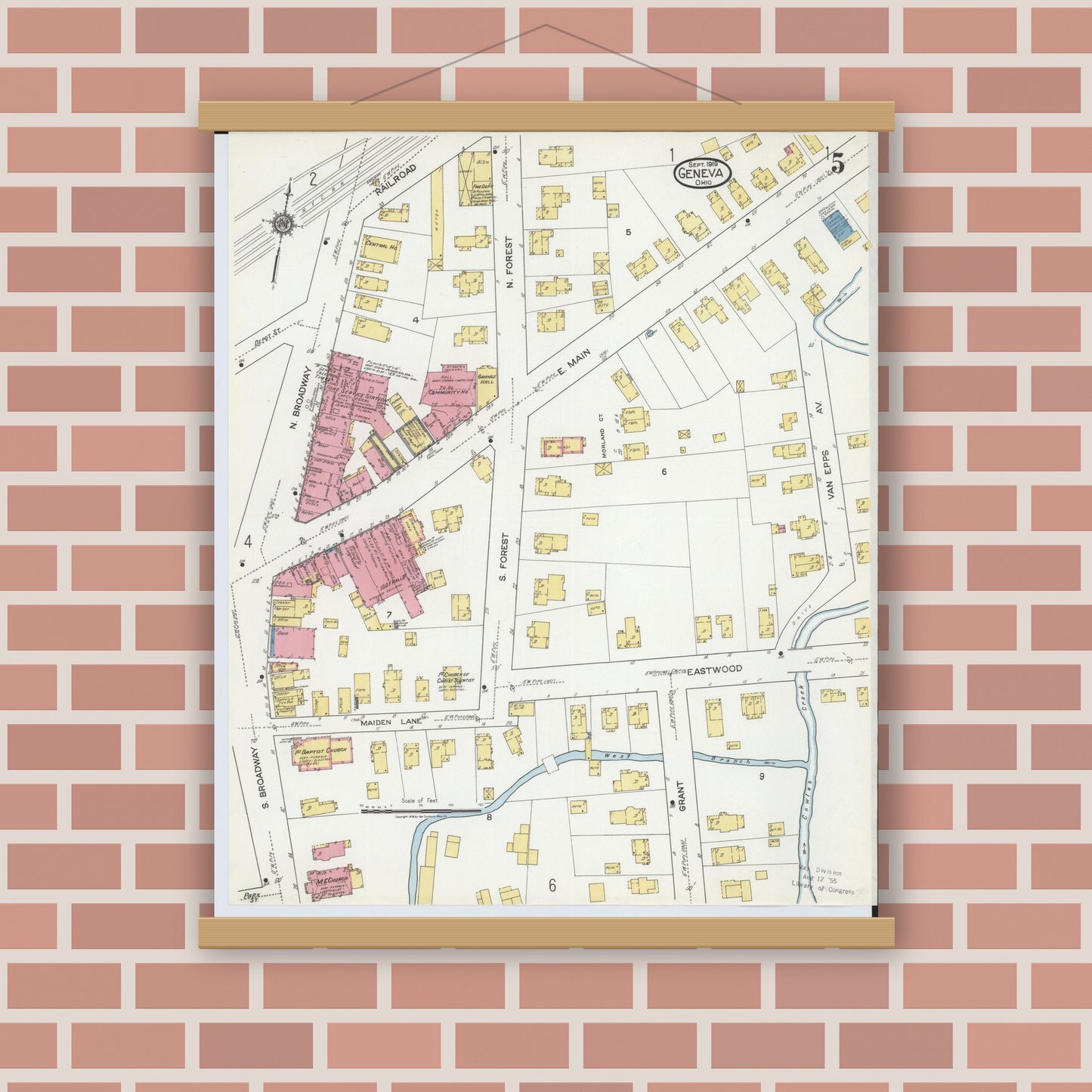 Old map wall art mockup — magnetic wood frame on brick wall — Sanborn Fire Insurance Map from Geneva, Ashtabula County, Ohio (1919), Sheet #0005
