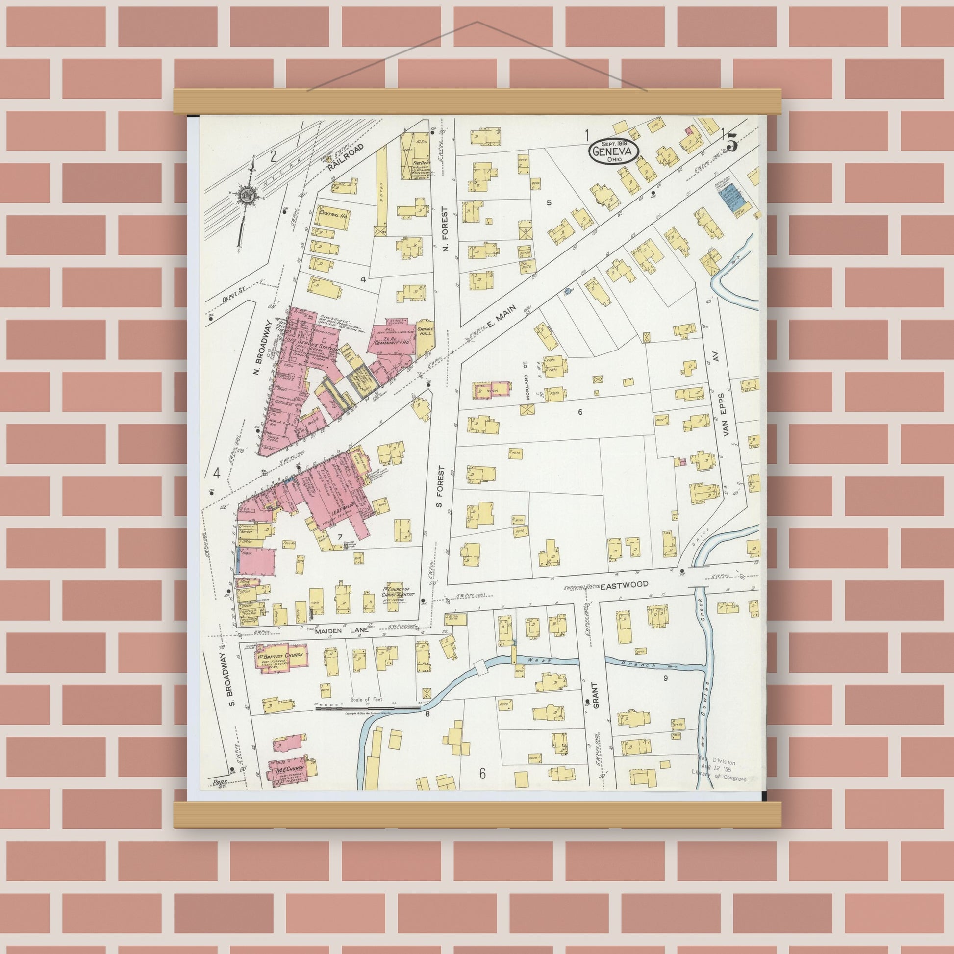 Old map wall art mockup — magnetic wood frame on brick wall — Sanborn Fire Insurance Map from Geneva, Ashtabula County, Ohio (1919), Sheet #0005