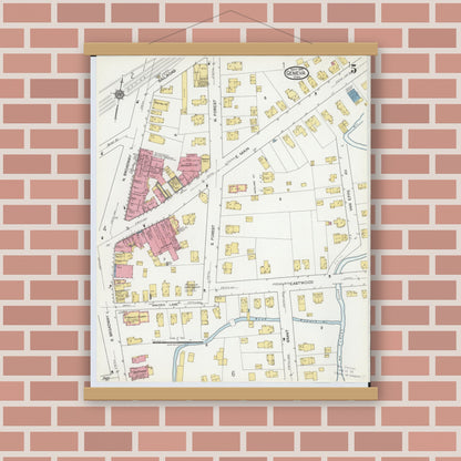 Old map wall art mockup — magnetic wood frame on brick wall — Sanborn Fire Insurance Map from Geneva, Ashtabula County, Ohio (1919), Sheet #0005