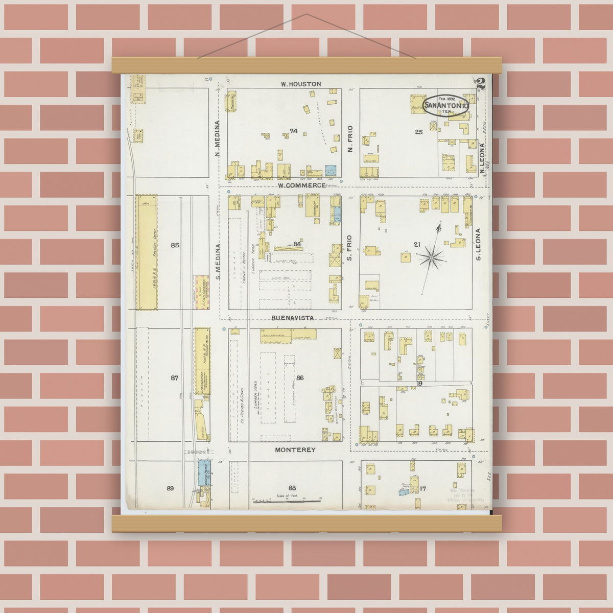 Old map wall art mockup — magnetic wood frame on brick wall — Sanborn Fire Insurance Map from San Antonio, Bexar County, Texas (1892), Sheet #0002