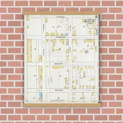 Old map wall art mockup — magnetic wood frame on brick wall — Sanborn Fire Insurance Map from San Antonio, Bexar County, Texas (1892), Sheet #0002