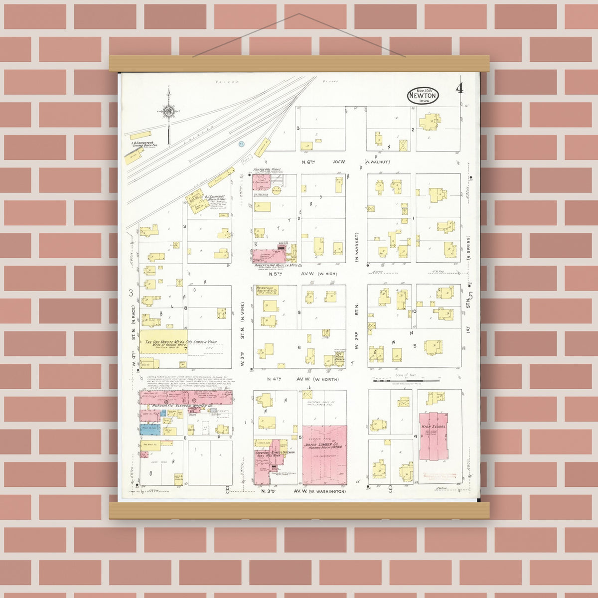 Old map wall art mockup — magnetic wood frame on brick wall — Sanborn Fire Insurance Map from Newton, Jasper County, Iowa (1918), Sheet #0004