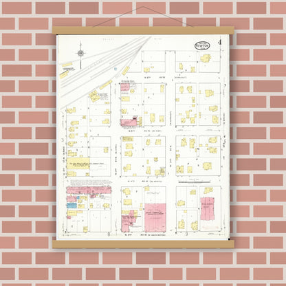 Old map wall art mockup — magnetic wood frame on brick wall — Sanborn Fire Insurance Map from Newton, Jasper County, Iowa (1918), Sheet #0004