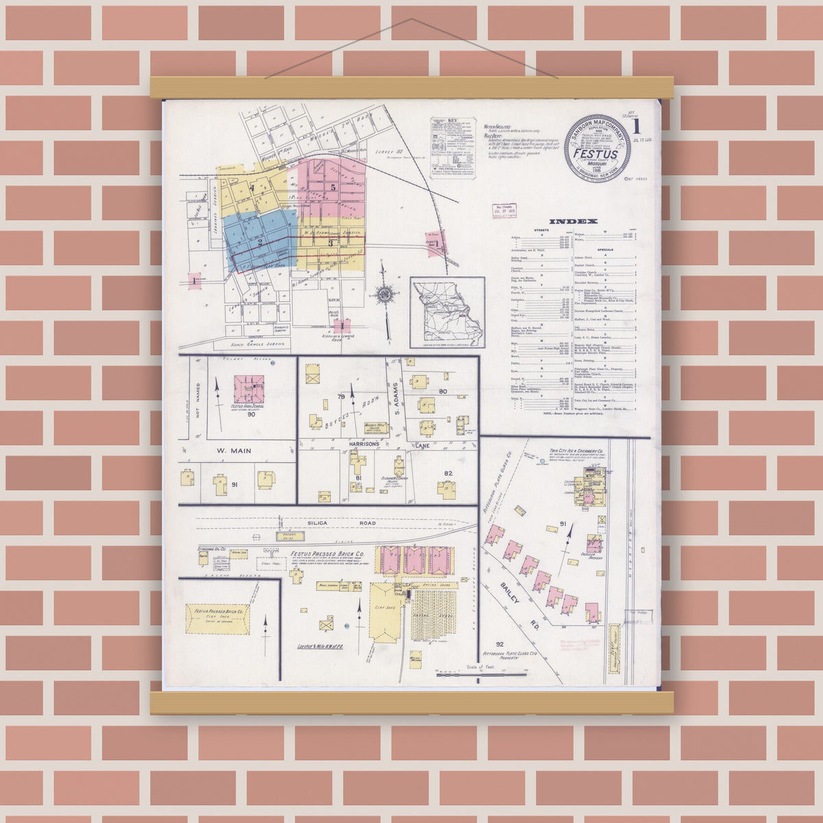 Old map wall art mockup — magnetic wood frame on brick wall — Sanborn Fire Insurance Map from Festus, Jefferson County, Missouri (1915) - Complete Map Set