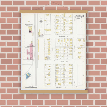 Old map wall art mockup — magnetic wood frame on brick wall — Sanborn Fire Insurance Map from Hoopeston, Vermilion County, Illinois (1913), Sheet #0008