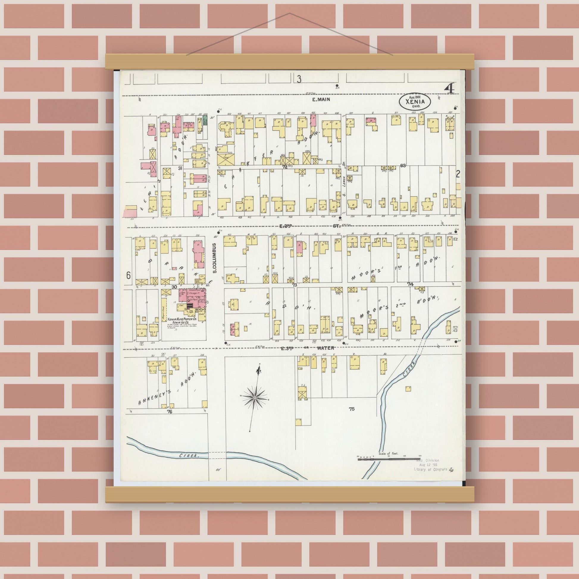 Old map wall art mockup — magnetic wood frame on brick wall — Sanborn Fire Insurance Map from Xenia, Greene County, Ohio (1901), Sheet #0004