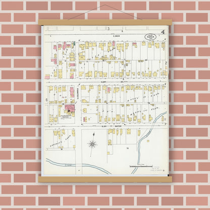 Old map wall art mockup — magnetic wood frame on brick wall — Sanborn Fire Insurance Map from Xenia, Greene County, Ohio (1901), Sheet #0004