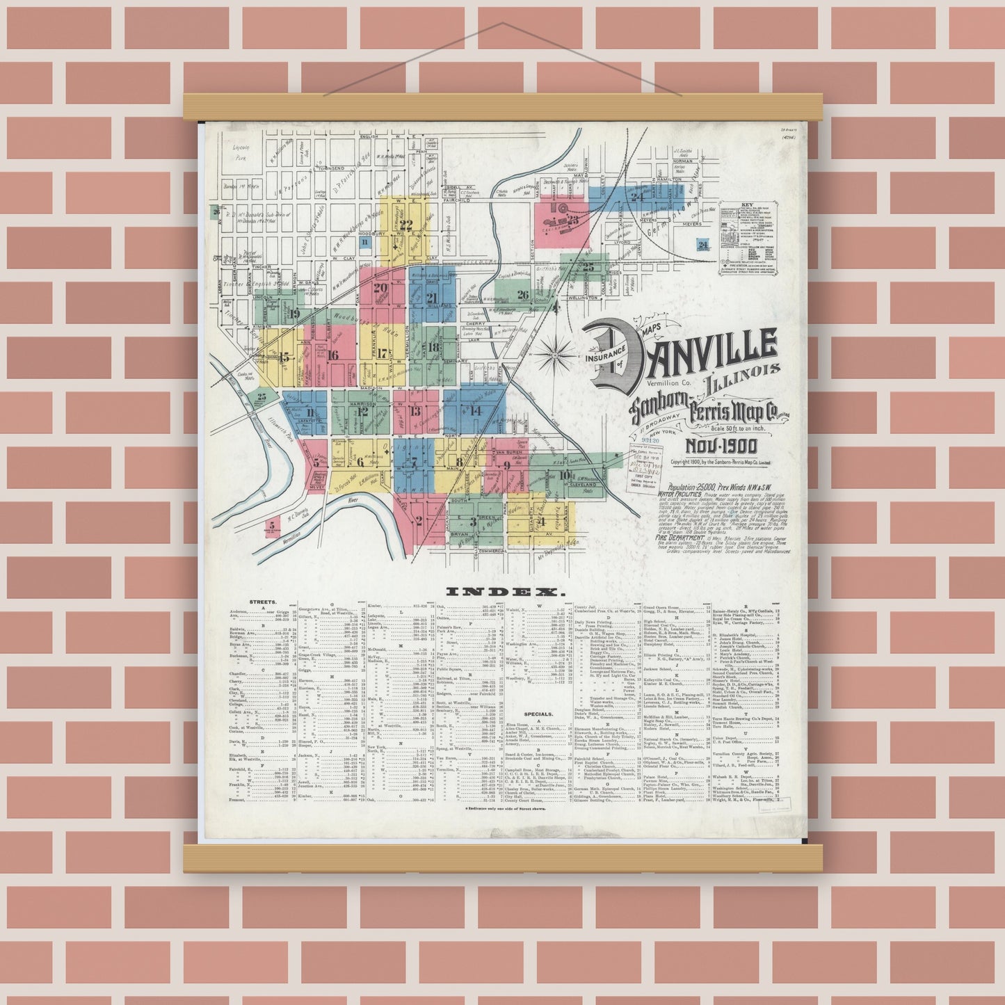 Old map wall art mockup — magnetic wood frame on brick wall — Sanborn Fire Insurance Map from Danville, Vermilion County, Illinois (1900) - Complete Map Set