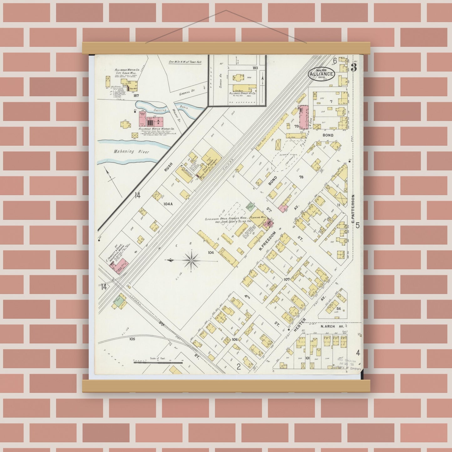 Old map wall art mockup — magnetic wood frame on brick wall — Sanborn Fire Insurance Map from Alliance, Stark County, Ohio (1898), Sheet #0003