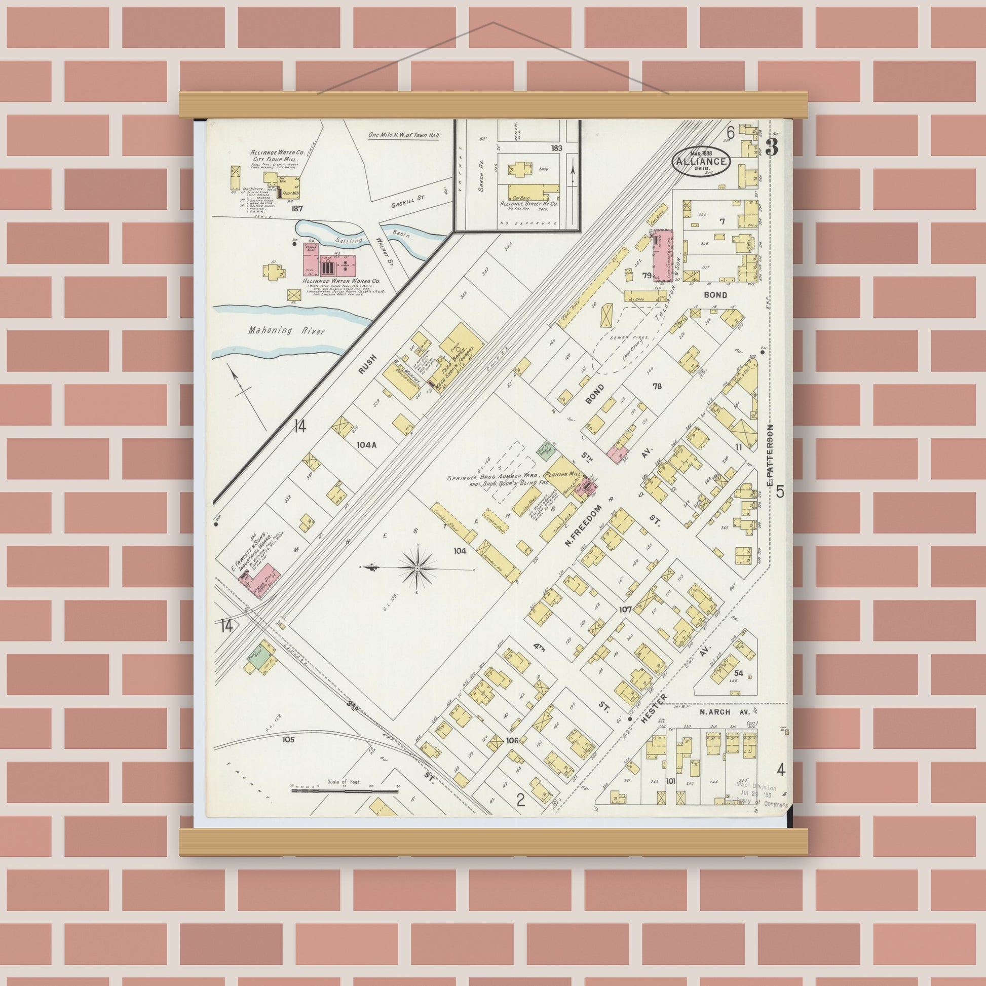 Old map wall art mockup — magnetic wood frame on brick wall — Sanborn Fire Insurance Map from Alliance, Stark County, Ohio (1898), Sheet #0003