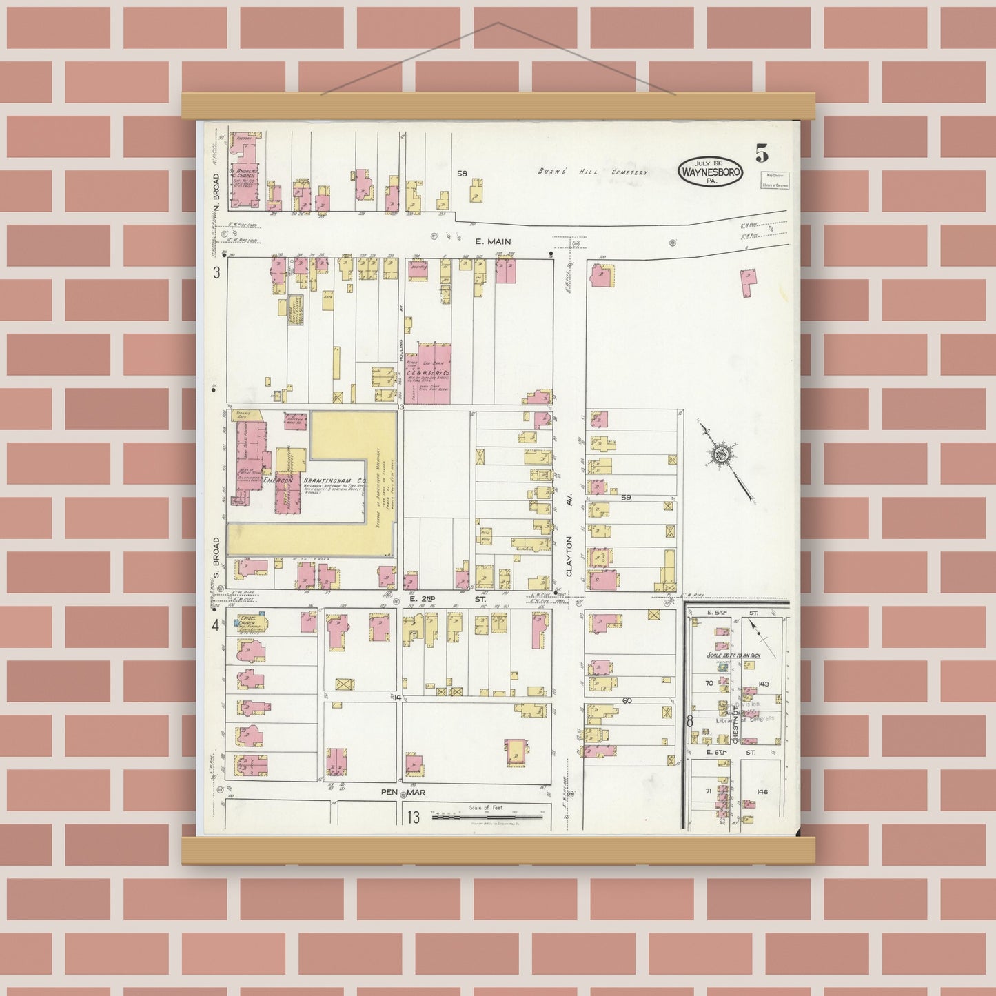 Old map wall art mockup — magnetic wood frame on brick wall — Sanborn Fire Insurance Map from Waynesboro, Franklin County, Pennsylvania (1916), Sheet #0005