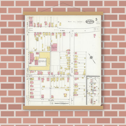 Old map wall art mockup — magnetic wood frame on brick wall — Sanborn Fire Insurance Map from Waynesboro, Franklin County, Pennsylvania (1916), Sheet #0005