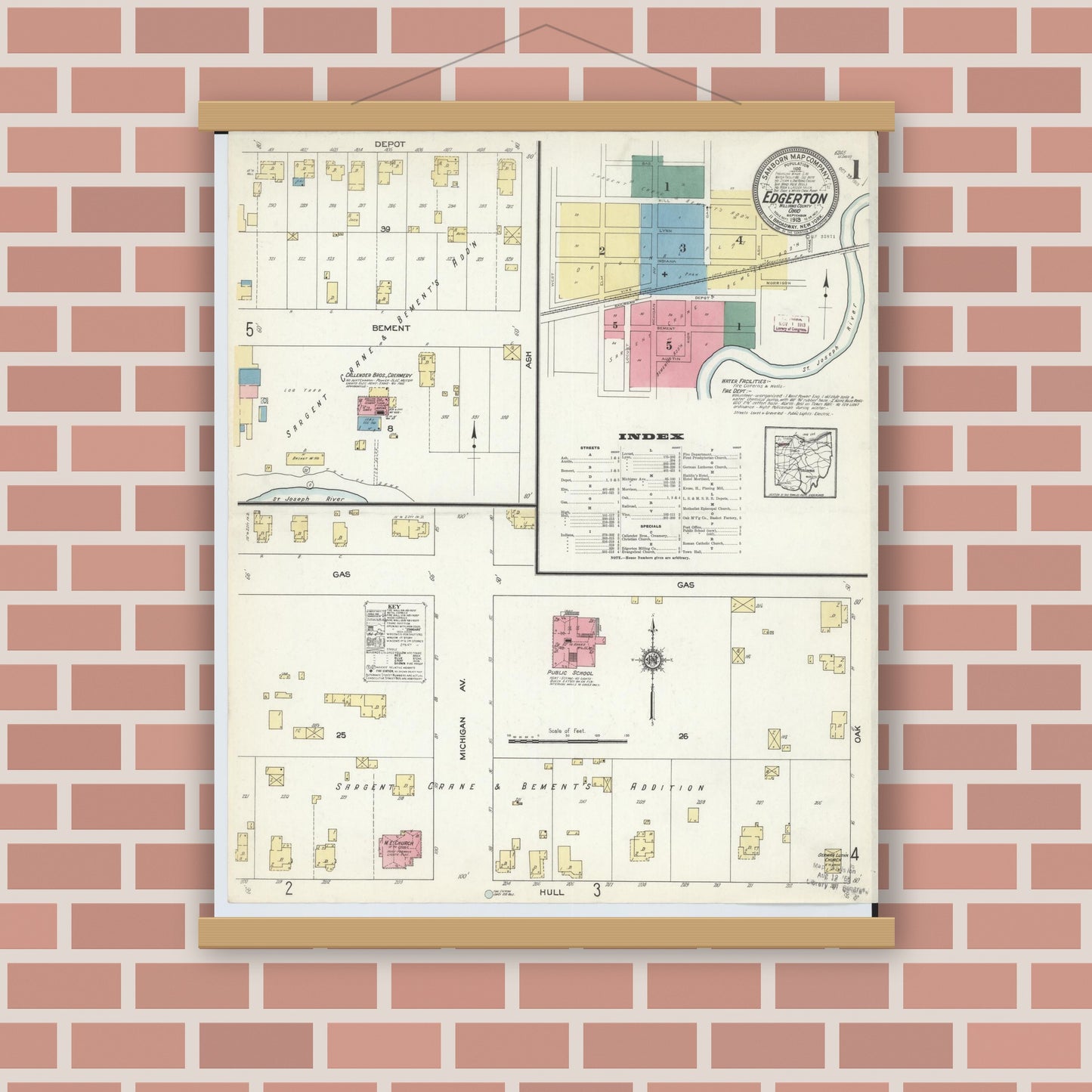Old map wall art mockup — magnetic wood frame on brick wall — Sanborn Fire Insurance Map from Edgerton, Williams County, Ohio (1913) - Complete Map Set