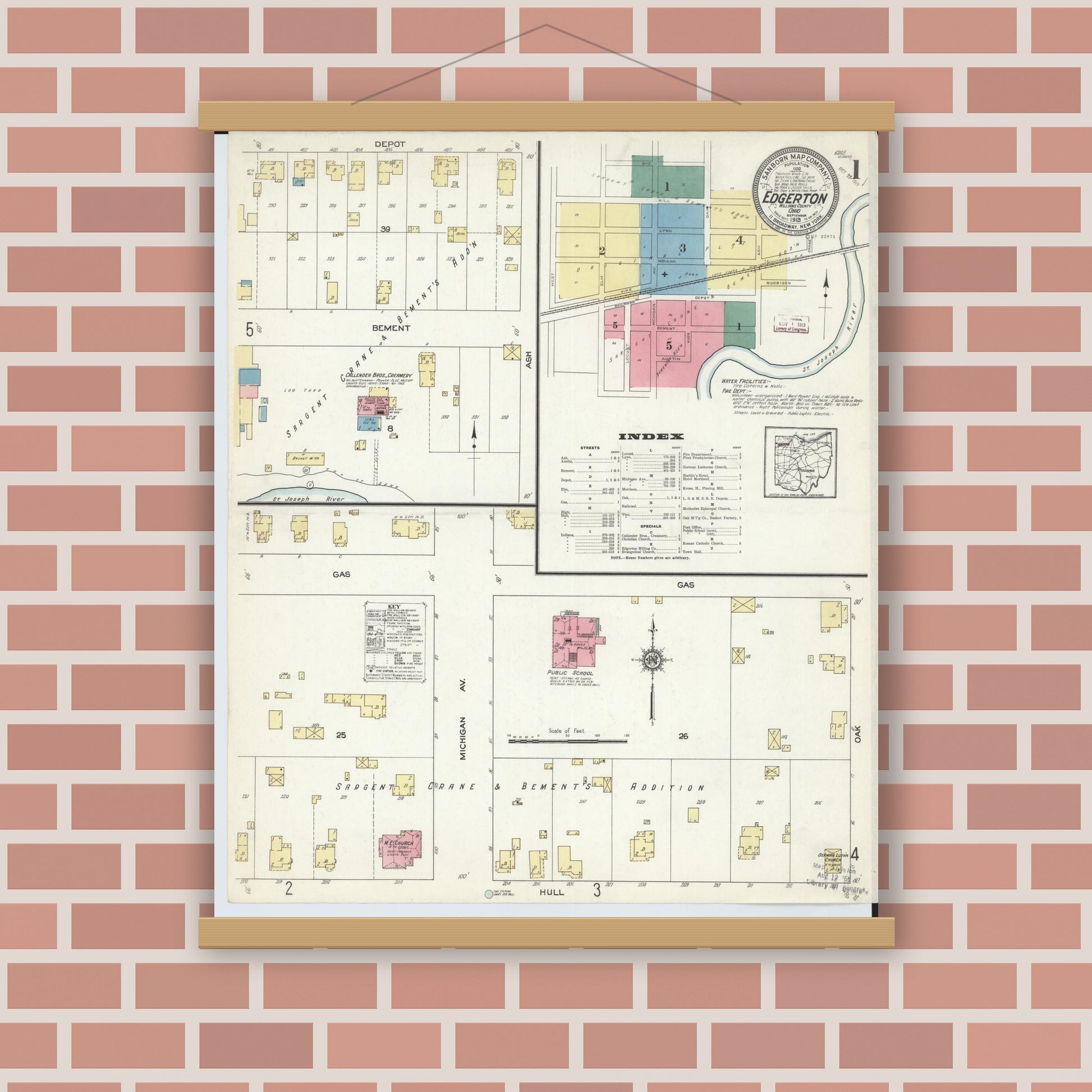Old map wall art mockup — magnetic wood frame on brick wall — Sanborn Fire Insurance Map from Edgerton, Williams County, Ohio (1913) - Complete Map Set