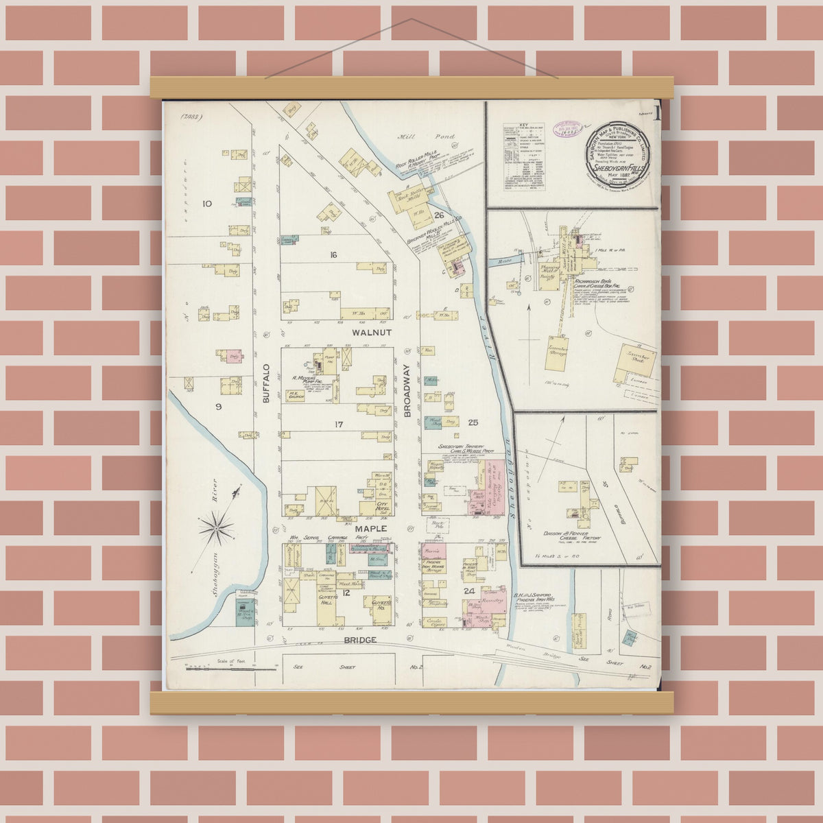 Old map wall art mockup — magnetic wood frame on brick wall — Sanborn Fire Insurance Map from Sheboygan Falls, Sheboygan County, Wisconsin (1887), Sheet #0001