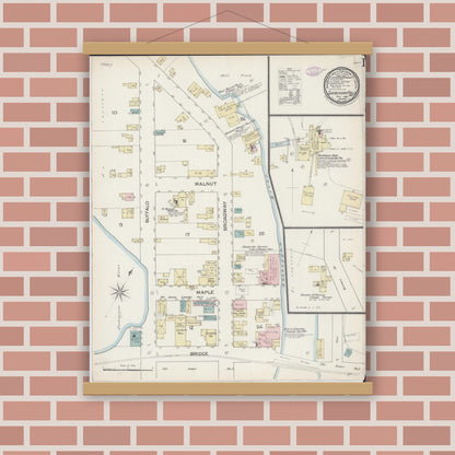 Old map wall art mockup — magnetic wood frame on brick wall — Sanborn Fire Insurance Map from Sheboygan Falls, Sheboygan County, Wisconsin (1887), Sheet #0001