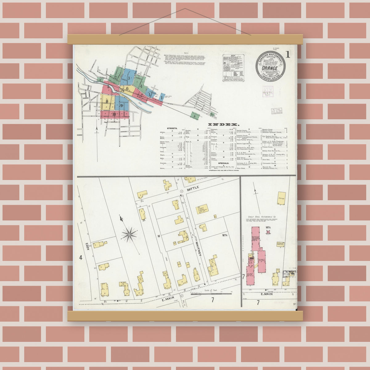 Old map wall art mockup — magnetic wood frame on brick wall — Sanborn Fire Insurance Map from Orange, Franklin County, Massachusetts (1905), Sheet #0001
