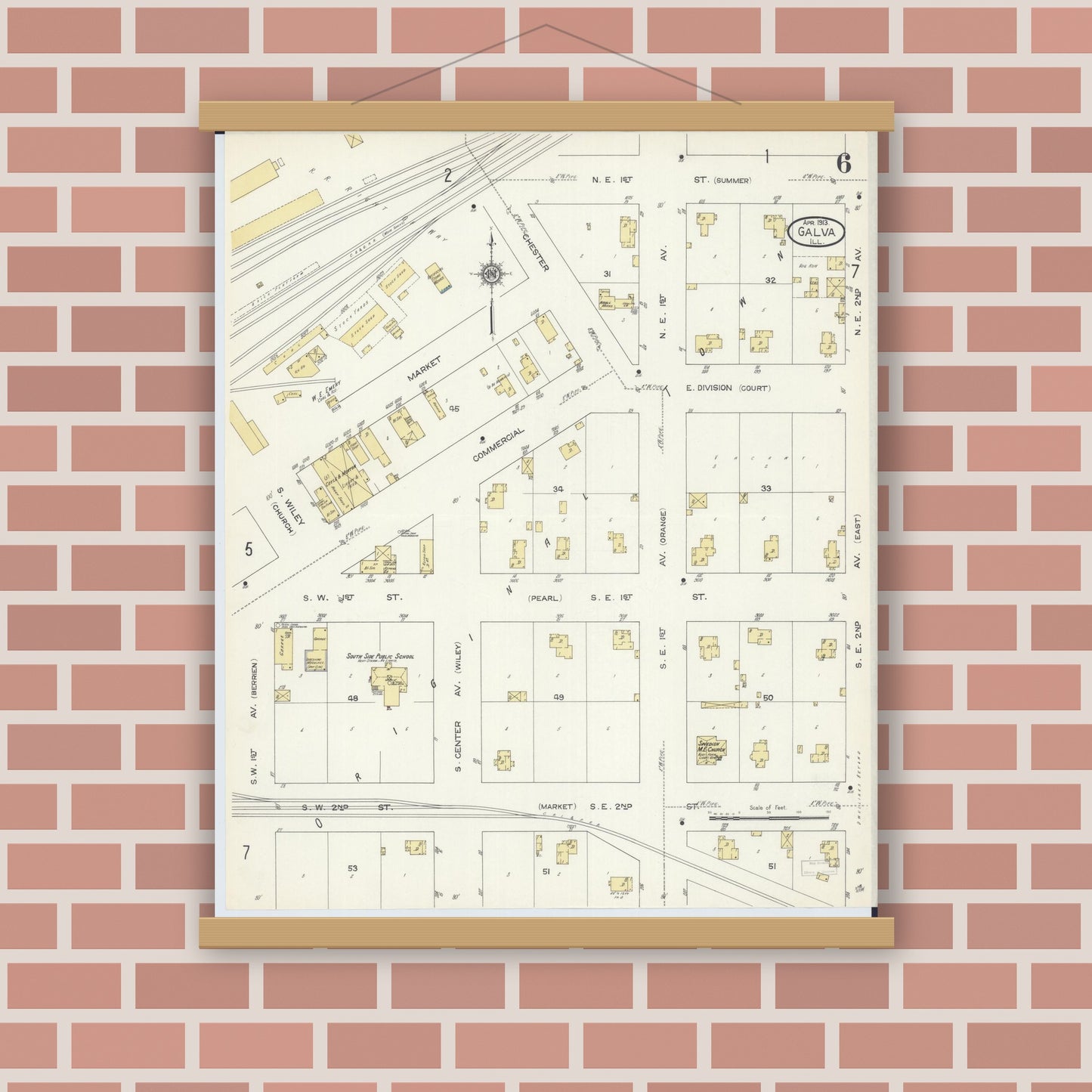 Old map wall art mockup — magnetic wood frame on brick wall — Sanborn Fire Insurance Map from Galva, Henry County, Illinois (1913), Sheet #0006