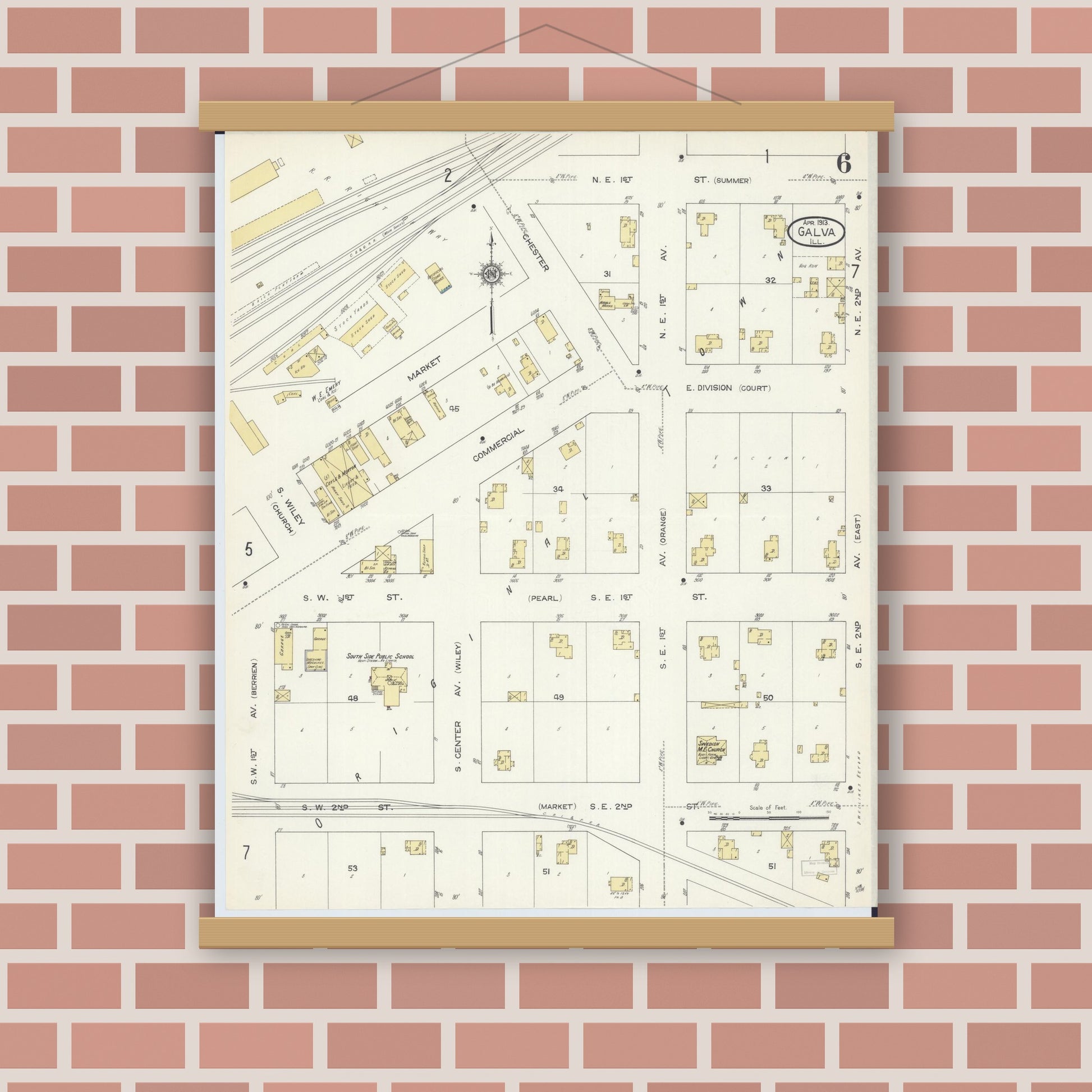 Old map wall art mockup — magnetic wood frame on brick wall — Sanborn Fire Insurance Map from Galva, Henry County, Illinois (1913), Sheet #0006
