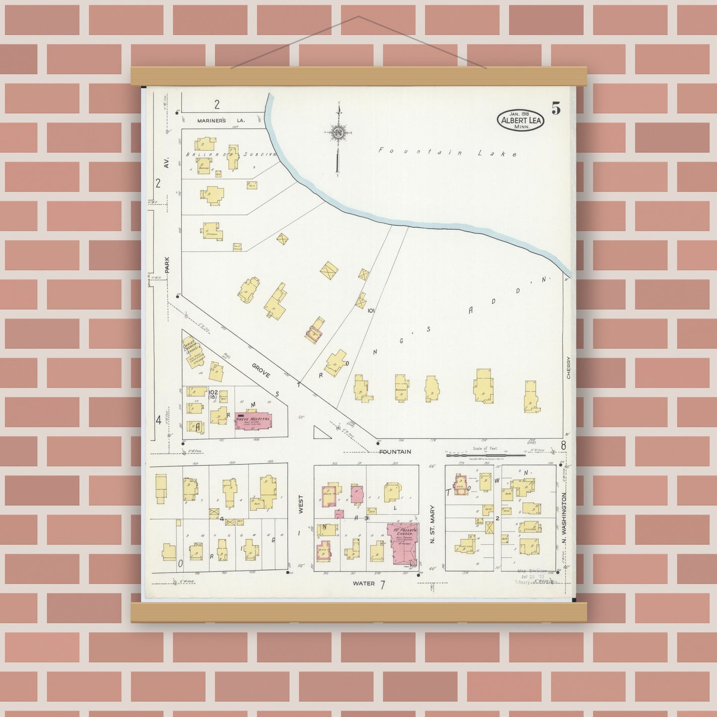 Old map wall art mockup — magnetic wood frame on brick wall — Sanborn Fire Insurance Map from Albert Lea, Freeborn County, Minnesota (1918), Sheet #0005