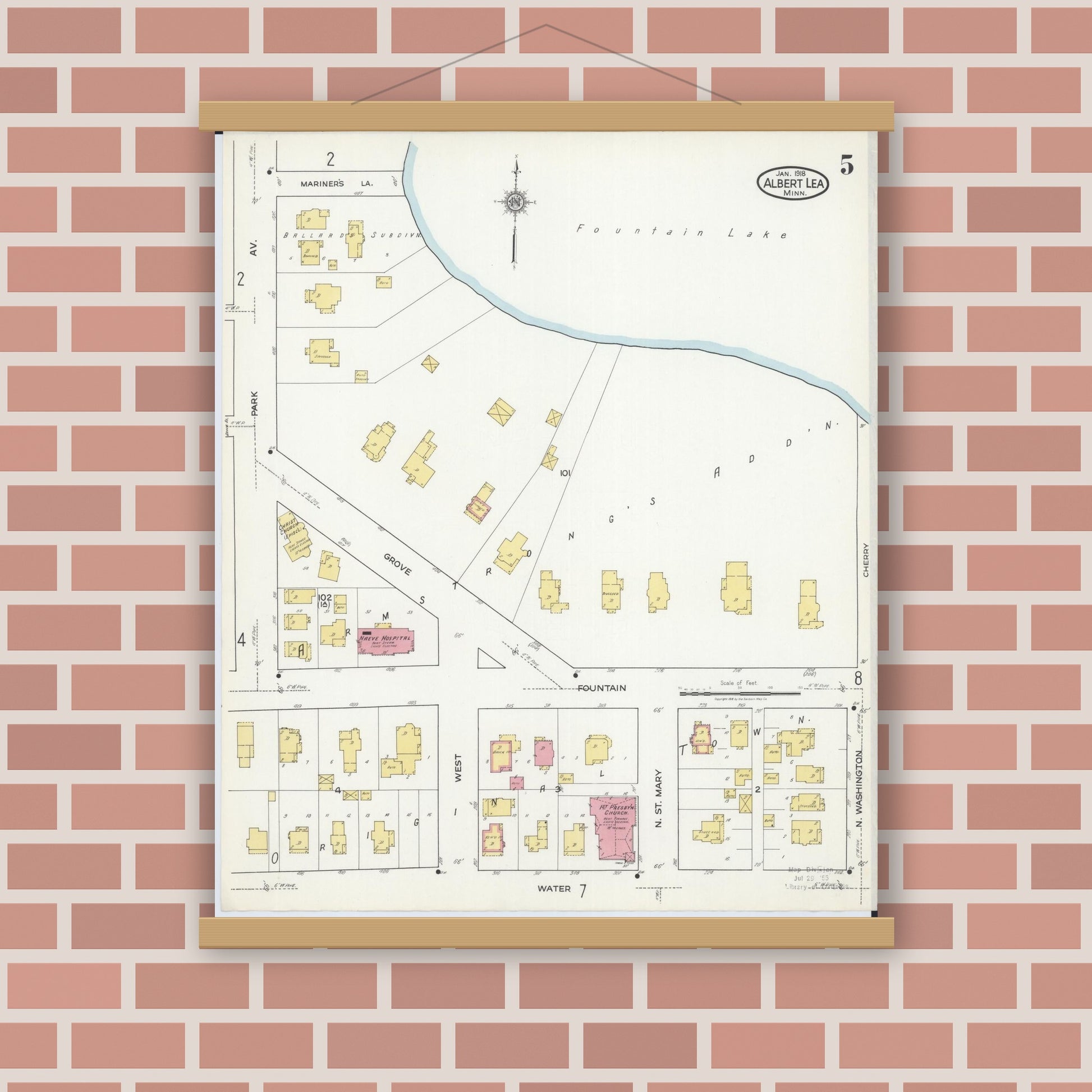 Old map wall art mockup — magnetic wood frame on brick wall — Sanborn Fire Insurance Map from Albert Lea, Freeborn County, Minnesota (1918), Sheet #0005
