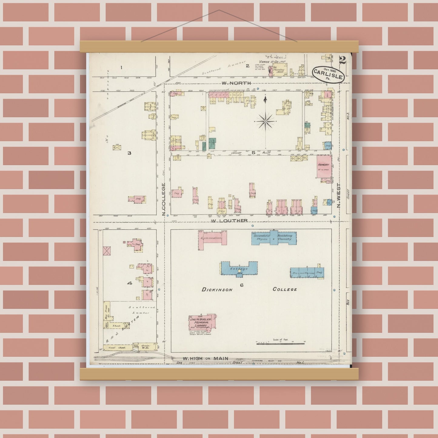 Old map wall art mockup — magnetic wood frame on brick wall — Sanborn Fire Insurance Map from Carlisle, Cumberland County, Pennsylvania (1885), Sheet #0002