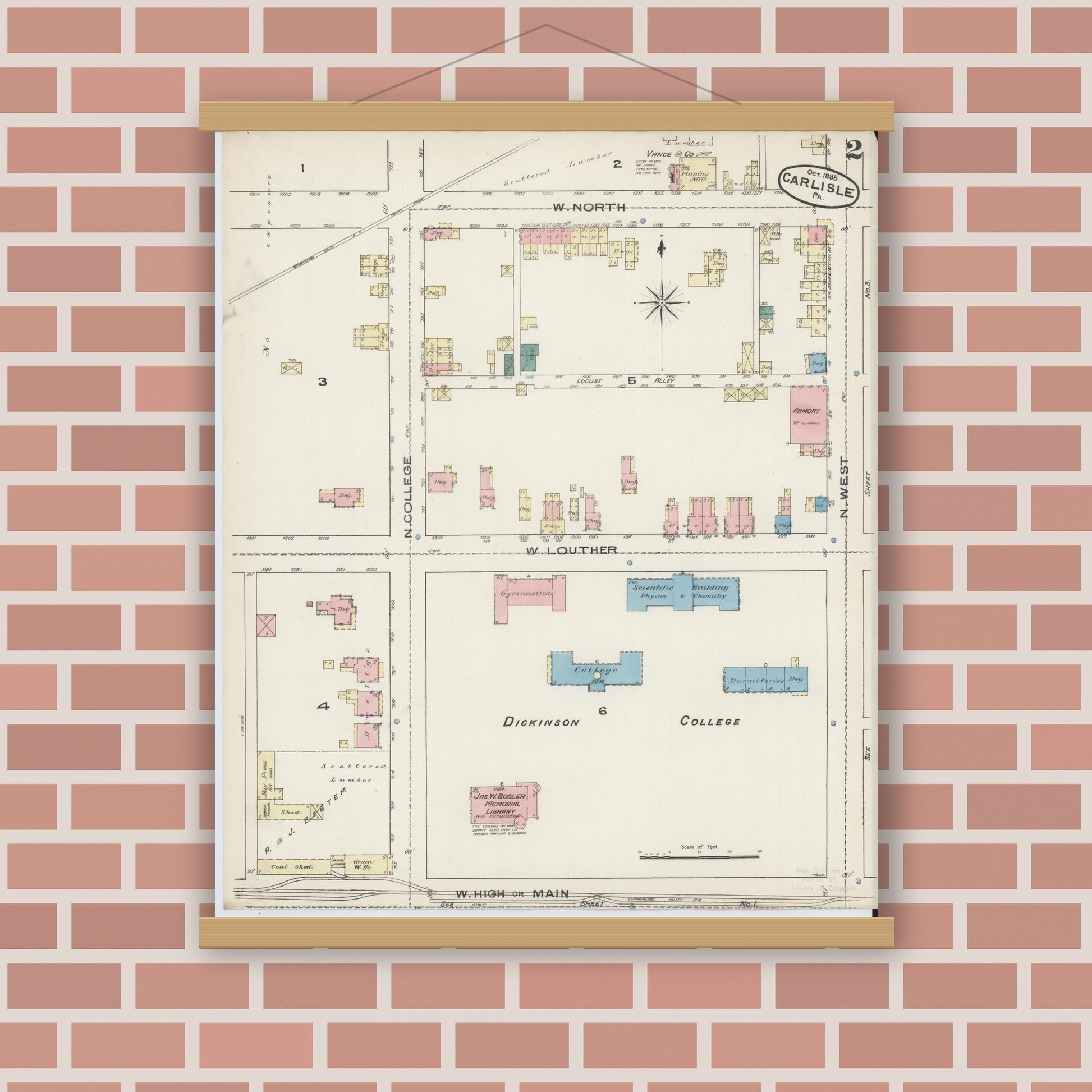Old map wall art mockup — magnetic wood frame on brick wall — Sanborn Fire Insurance Map from Carlisle, Cumberland County, Pennsylvania (1885), Sheet #0002