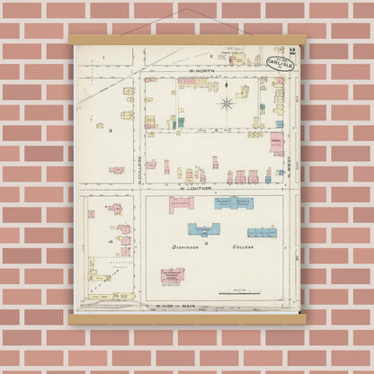 Old map wall art mockup — magnetic wood frame on brick wall — Sanborn Fire Insurance Map from Carlisle, Cumberland County, Pennsylvania (1885), Sheet #0002
