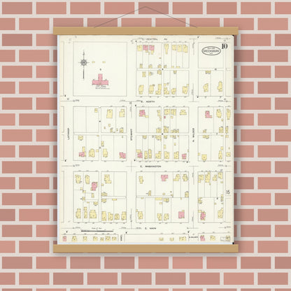 Old map wall art mockup — magnetic wood frame on brick wall — Sanborn Fire Insurance Map from Greensburg, Decatur County, Indiana (1913), Sheet #0010