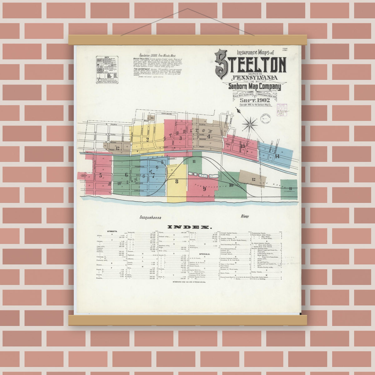 Old map wall art mockup — magnetic wood frame on brick wall — Sanborn Fire Insurance Map from Steelton, Dauphin County, Pennsylvania (1902), Sheet #0001