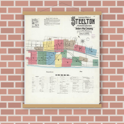 Old map wall art mockup — magnetic wood frame on brick wall — Sanborn Fire Insurance Map from Steelton, Dauphin County, Pennsylvania (1902), Sheet #0001