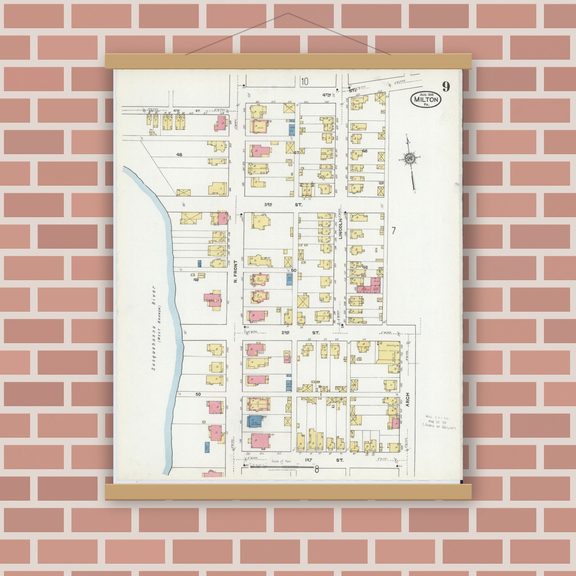 Old map wall art mockup — magnetic wood frame on brick wall — Sanborn Fire Insurance Map from Milton, Northumberland County, Pennsylvania (1918), Sheet #0009