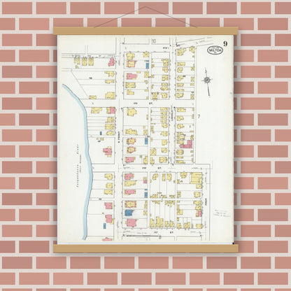 Old map wall art mockup — magnetic wood frame on brick wall — Sanborn Fire Insurance Map from Milton, Northumberland County, Pennsylvania (1918), Sheet #0009