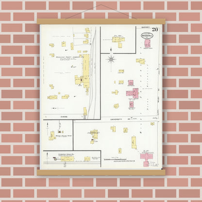 Old map wall art mockup — magnetic wood frame on brick wall — Sanborn Fire Insurance Map from Marshall, Harrison County, Texas (1909), Sheet #0020