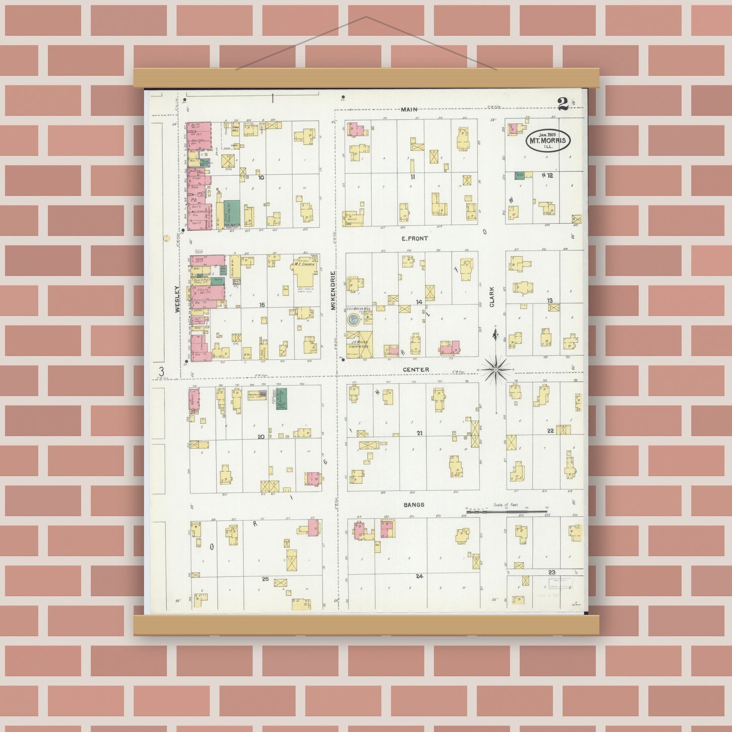 Old map wall art mockup — magnetic wood frame on brick wall — Sanborn Fire Insurance Map from Mount Morris, Ogle County, Illinois (1905), Sheet #0002