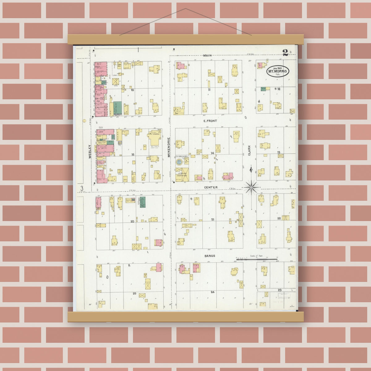 Old map wall art mockup — magnetic wood frame on brick wall — Sanborn Fire Insurance Map from Mount Morris, Ogle County, Illinois (1905), Sheet #0002