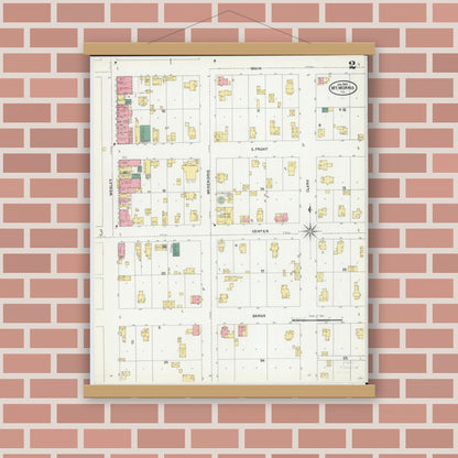 Old map wall art mockup — magnetic wood frame on brick wall — Sanborn Fire Insurance Map from Mount Morris, Ogle County, Illinois (1905), Sheet #0002