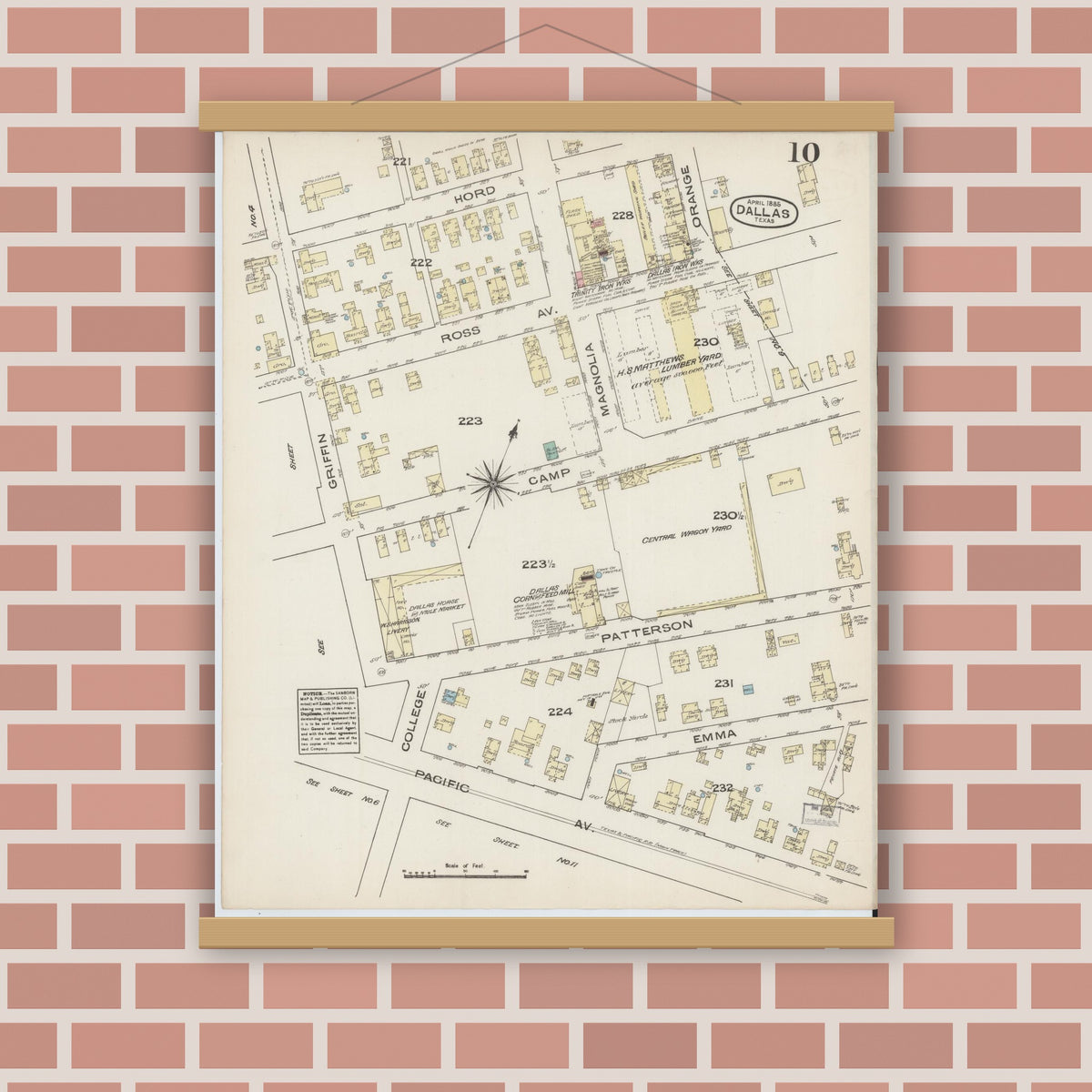 Old map wall art mockup — magnetic wood frame on brick wall — Sanborn Fire Insurance Map from Dallas, Dallas County, Texas (1885), Sheet #0010