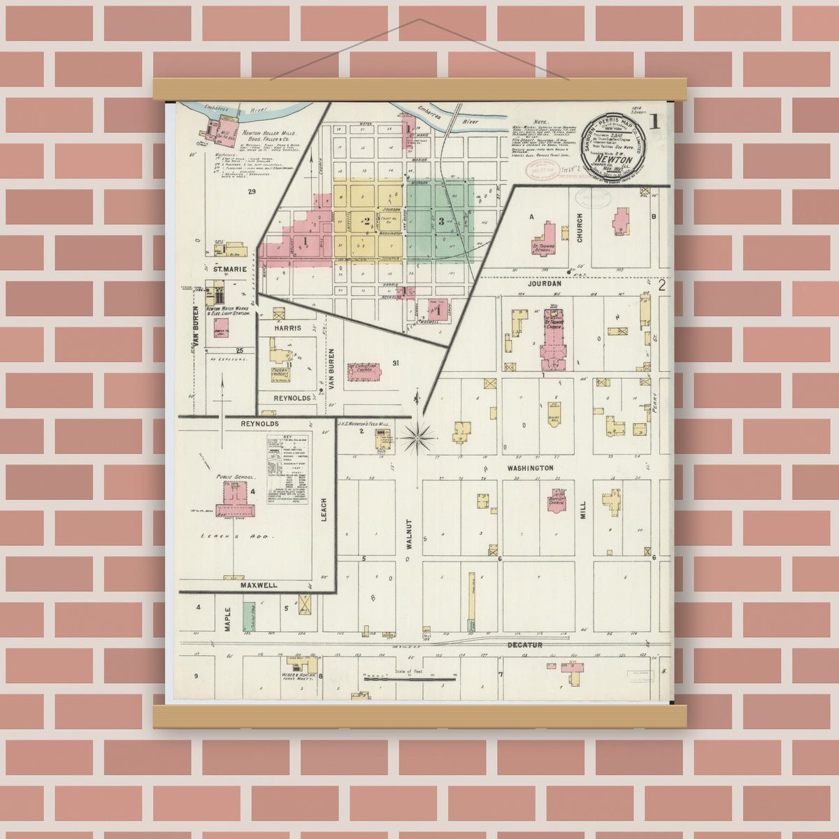 Old map wall art mockup — magnetic wood frame on brick wall — Sanborn Fire Insurance Map from Newton, Jasper County, Illinois (1897), Sheet #0001