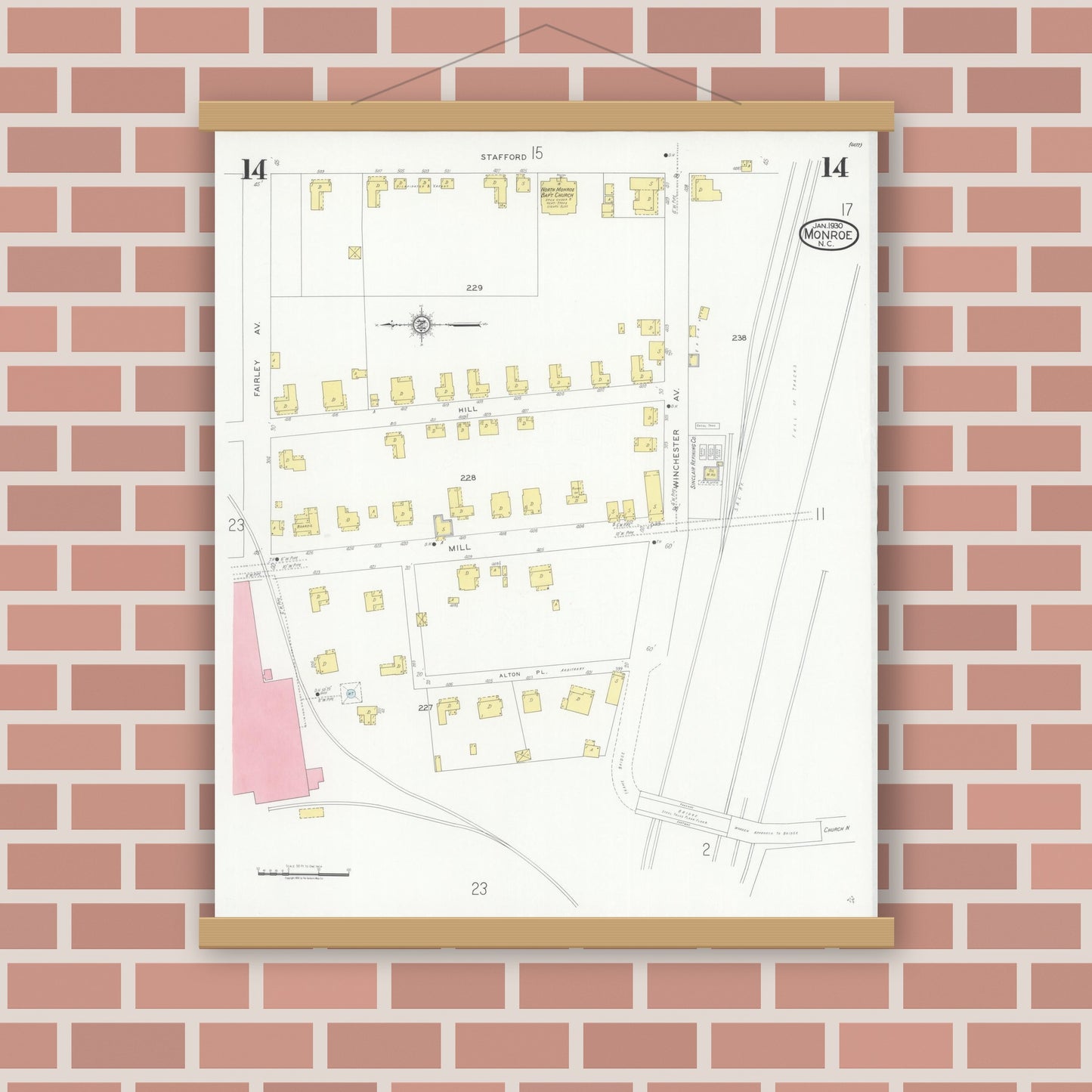 Old map wall art mockup — magnetic wood frame on brick wall — Sanborn Fire Insurance Map from Monroe, Union County, North Carolina (1930), Sheet #0014