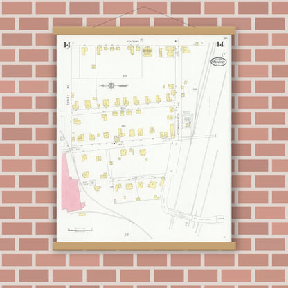 Old map wall art mockup — magnetic wood frame on brick wall — Sanborn Fire Insurance Map from Monroe, Union County, North Carolina (1930), Sheet #0014