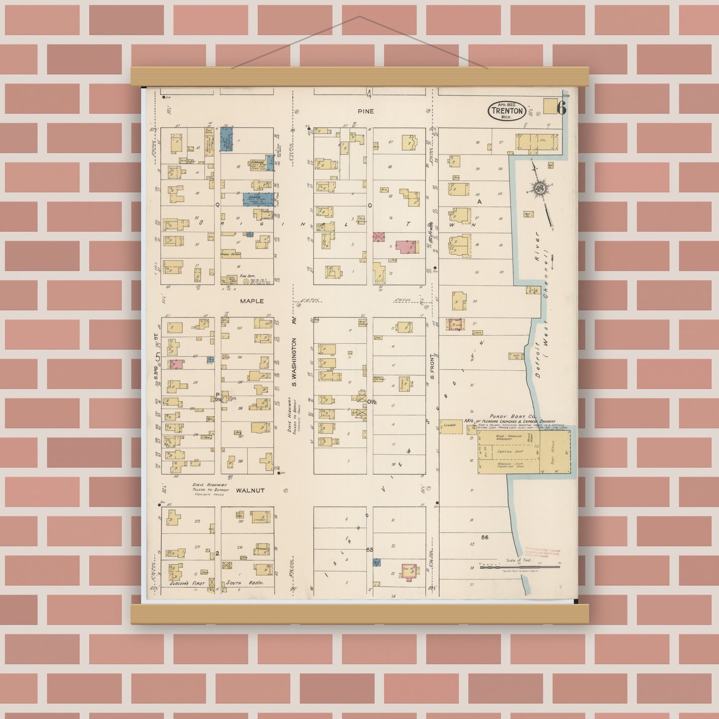 Old map wall art mockup — magnetic wood frame on brick wall — Sanborn Fire Insurance Map from Trenton, Wayne County, Michigan (1922), Sheet #0006