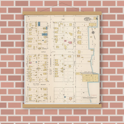 Old map wall art mockup — magnetic wood frame on brick wall — Sanborn Fire Insurance Map from Trenton, Wayne County, Michigan (1922), Sheet #0006