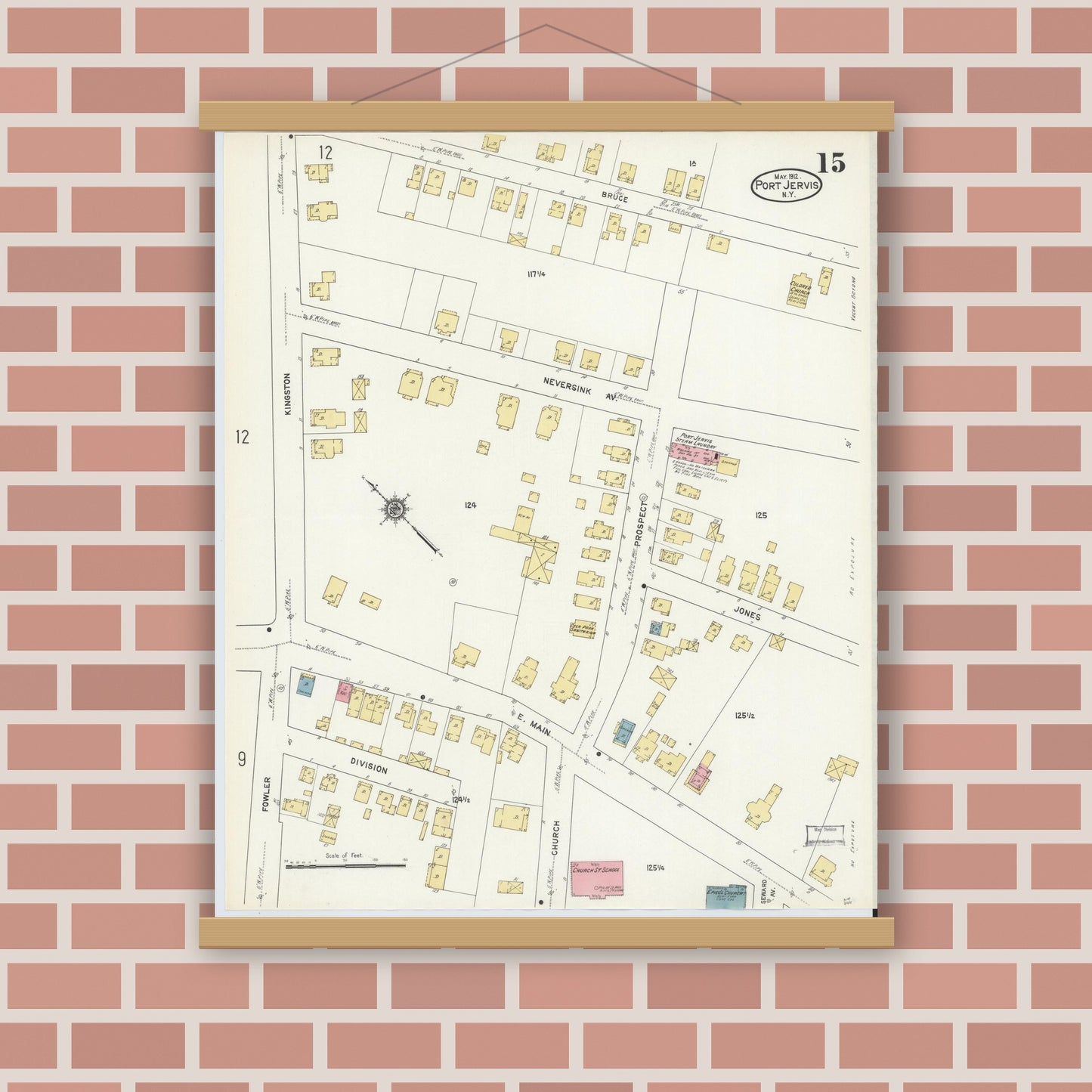 Old map wall art mockup — magnetic wood frame on brick wall — Sanborn Fire Insurance Map from Port Jervis, Orange County, New York (1912), Sheet #0015