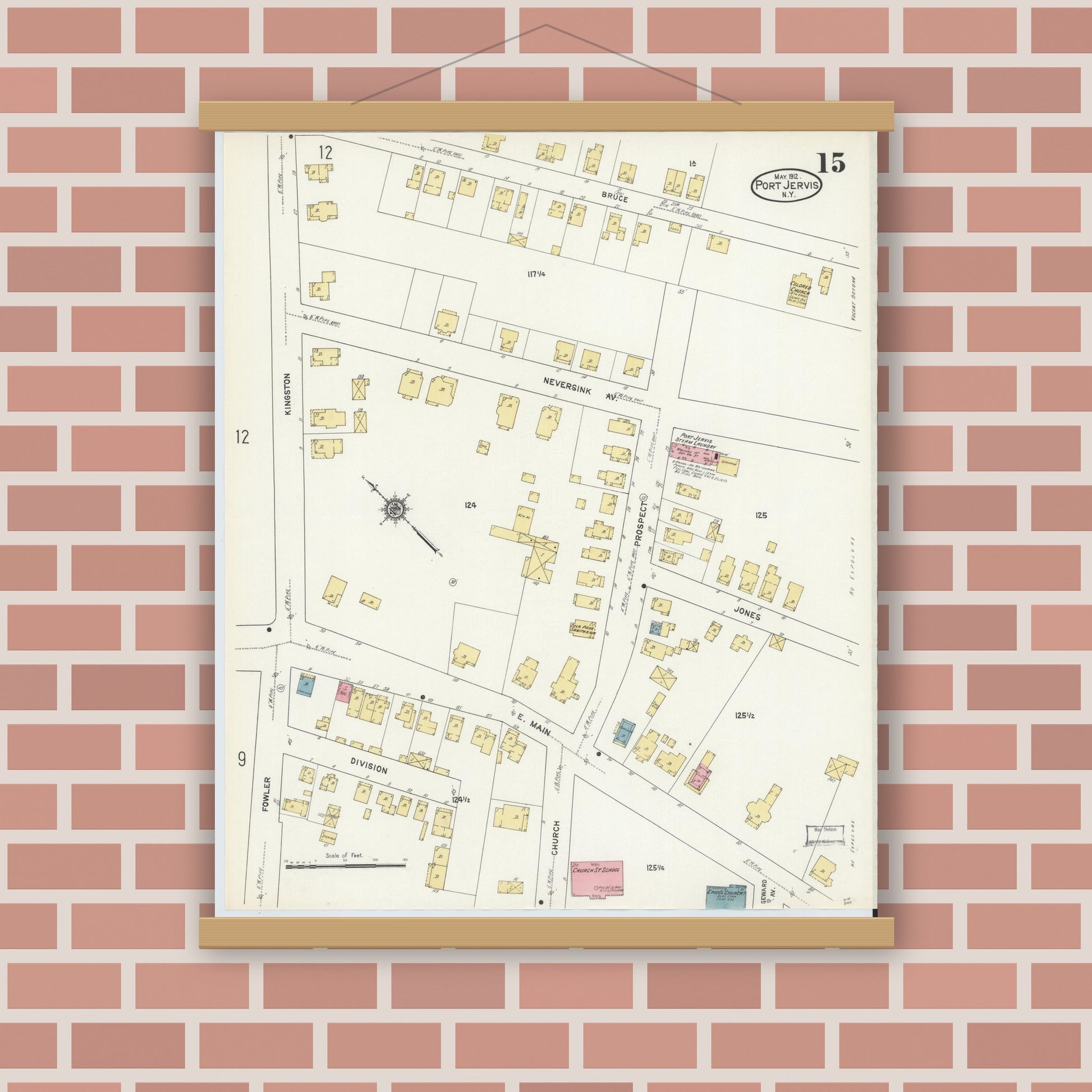Old map wall art mockup — magnetic wood frame on brick wall — Sanborn Fire Insurance Map from Port Jervis, Orange County, New York (1912), Sheet #0015