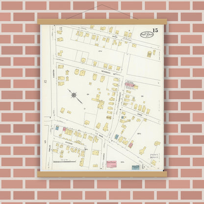 Old map wall art mockup — magnetic wood frame on brick wall — Sanborn Fire Insurance Map from Port Jervis, Orange County, New York (1912), Sheet #0015
