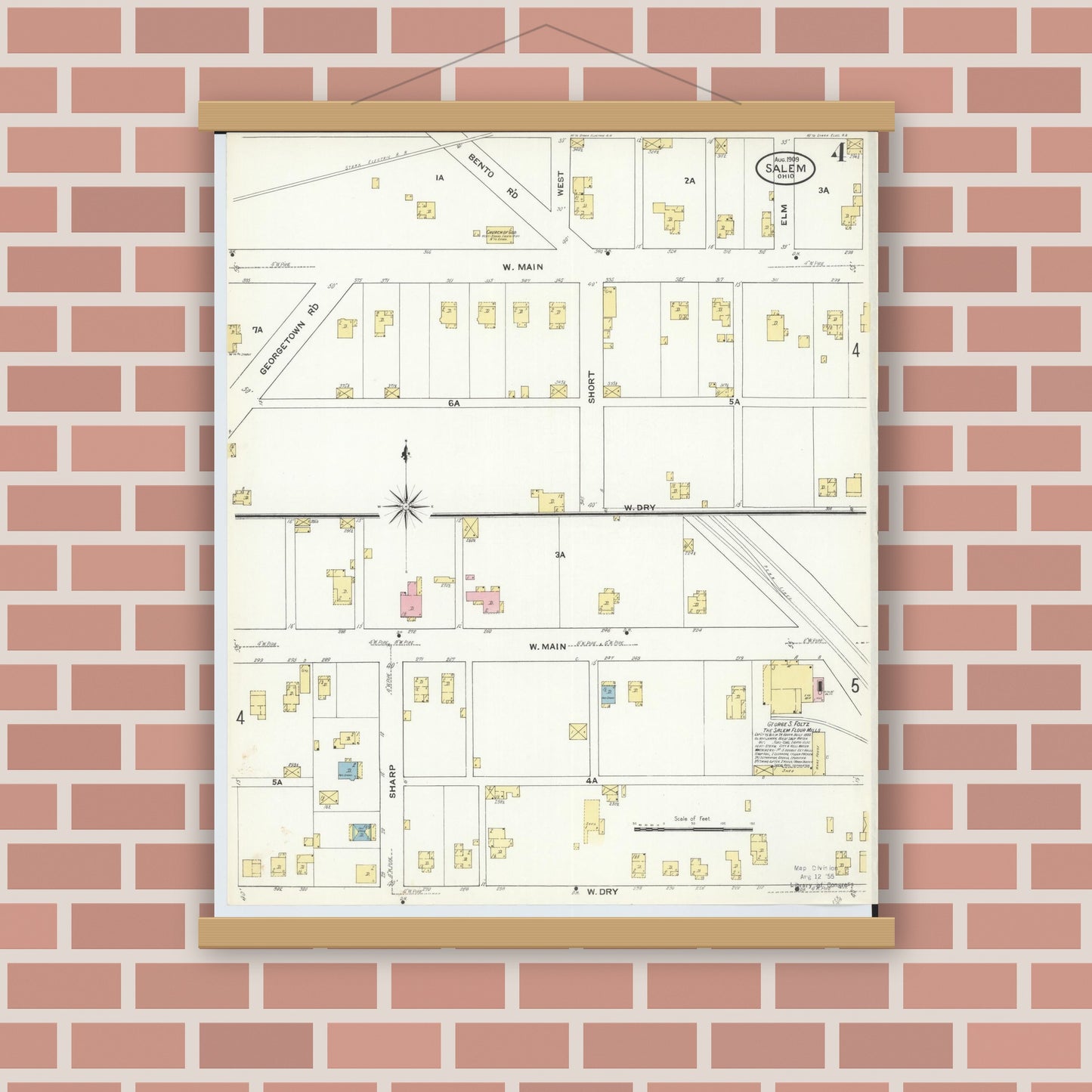 Old map wall art mockup — magnetic wood frame on brick wall — Sanborn Fire Insurance Map from Salem, Columbiana County, Ohio (1909), Sheet #0004