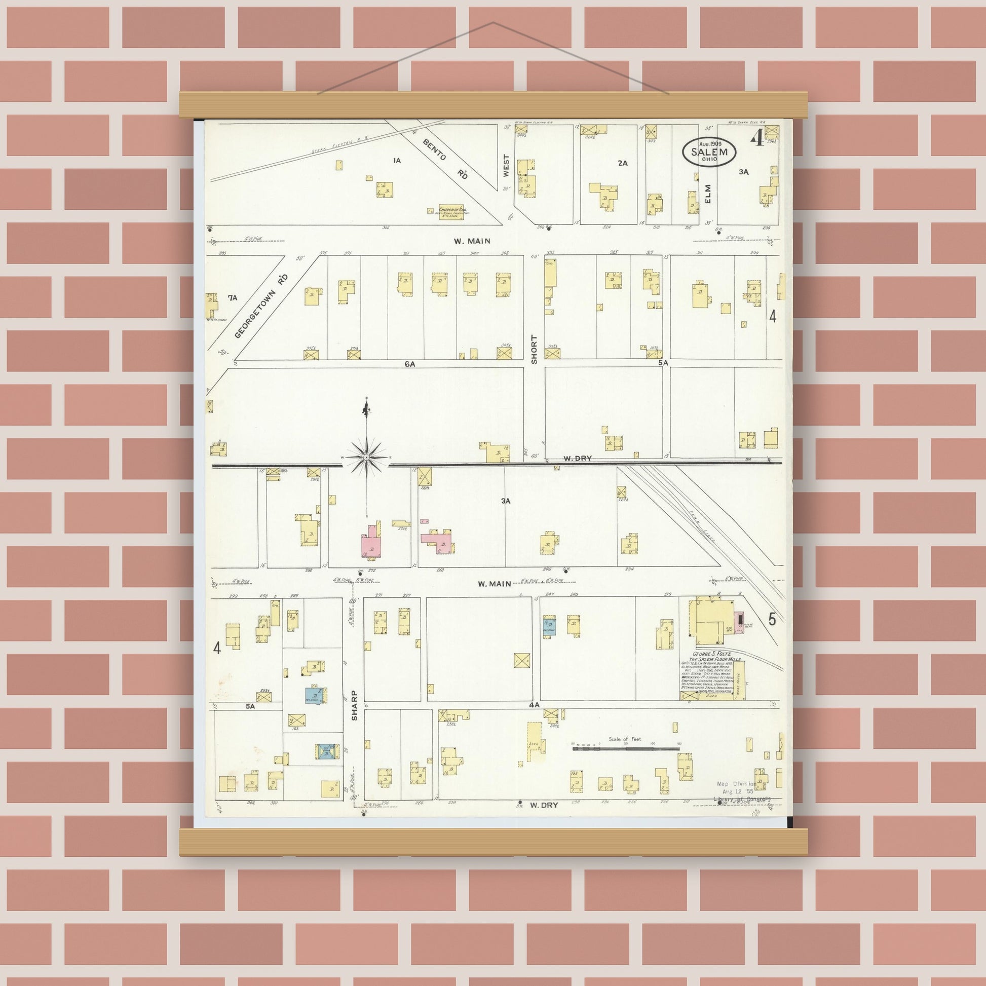 Old map wall art mockup — magnetic wood frame on brick wall — Sanborn Fire Insurance Map from Salem, Columbiana County, Ohio (1909), Sheet #0004