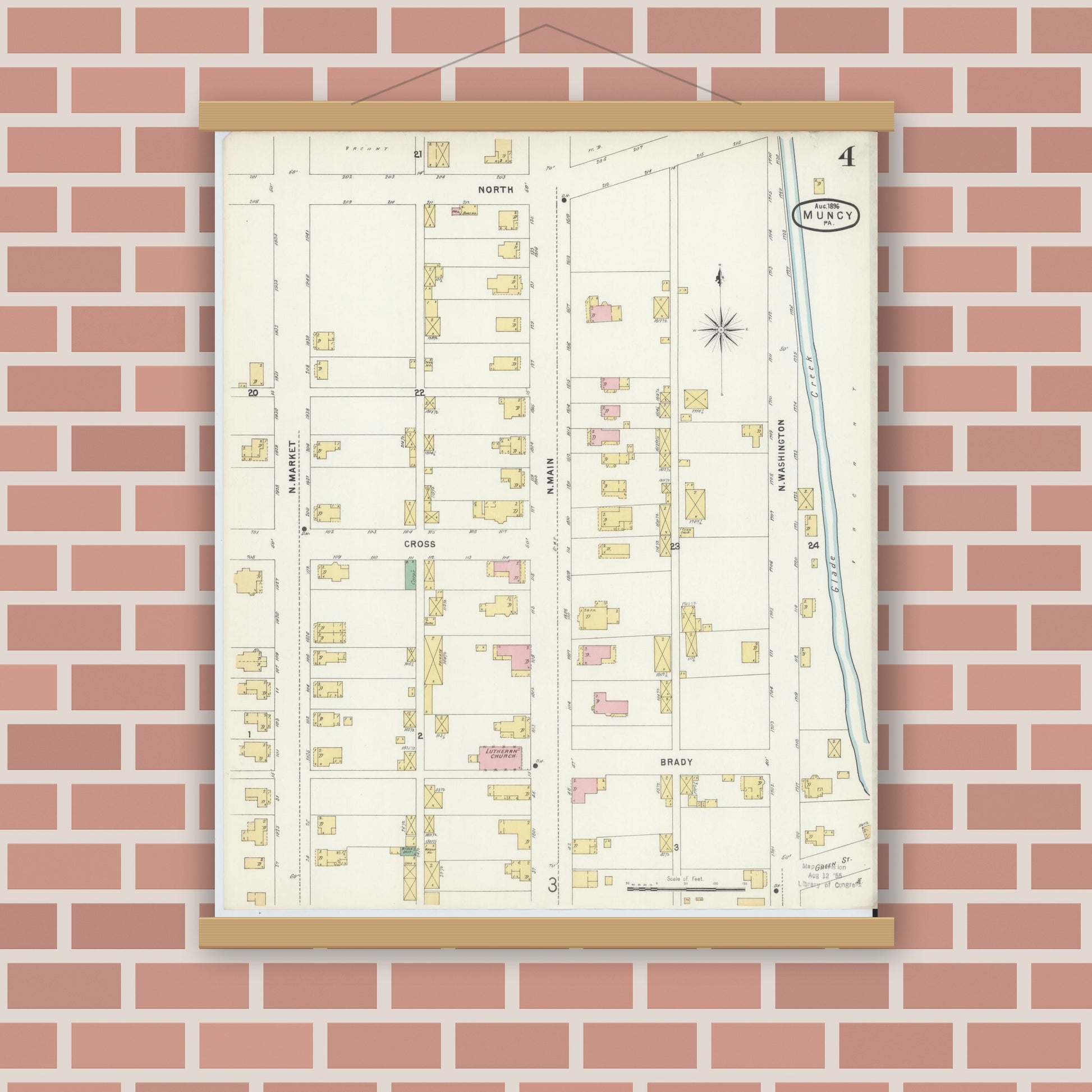 Old map wall art mockup — magnetic wood frame on brick wall — Sanborn Fire Insurance Map from Muncy, Lycoming County, Pennsylvania (1896), Sheet #0004